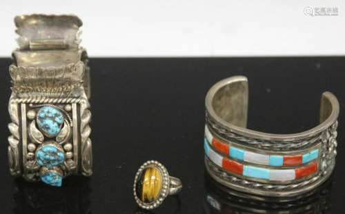 LOT OF (3) NAVAJO SILVER TURQUOISE JEWELRY, SIGNED