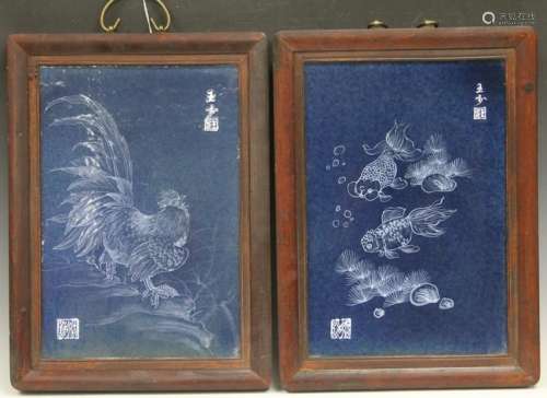 PAIR OF CHINESE PORCELAIN WALL PLAQUES, FRAMED