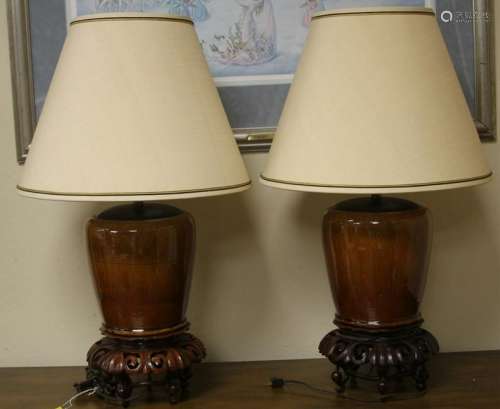 PAIR OF FLAMBE POTTERY LAMPS W/ STANDS