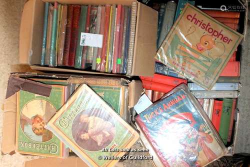 Three boxes of children's books including Tuck's Annual, novels, etc.