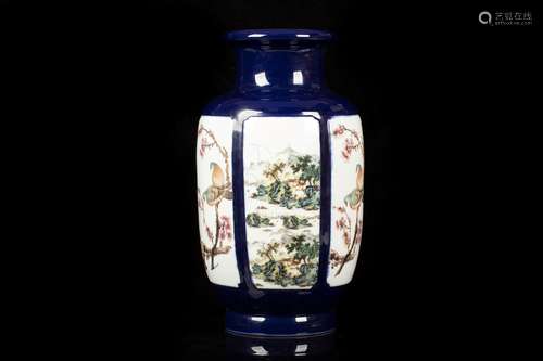 FAMILLE ROSE AND BLUE GROUND OPEN MEDALLION 'FLOWERS AND BIRDS' VASE