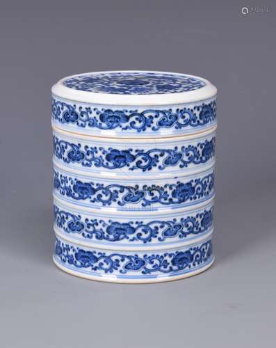 BLUE AND WHITE 'LINGZHI' FIVE-TIERED BOX WITH COVER