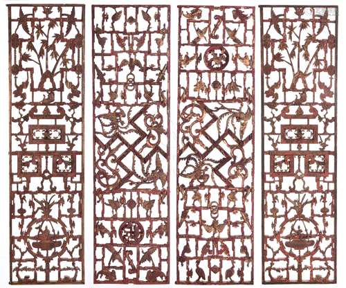 FOUR OPENWORK CARVED WOODEN HANGING PANELS