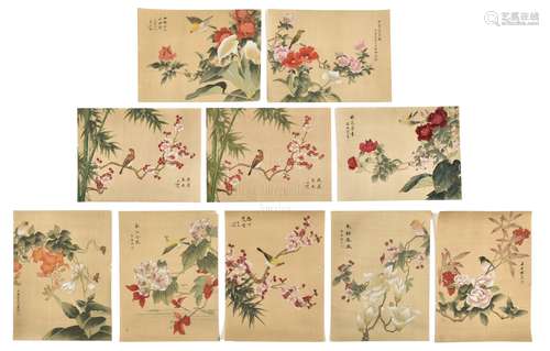 SHI ZHOU: TEN INK AND COLOR ON SILK PAINTINGS 'FLOWERS AND BIRDS'