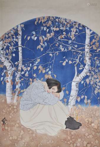 HE JIAYING: INK AND COLOR ON SILK PAINTING 'GIRL'