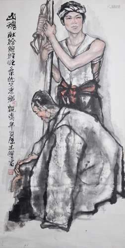 LIANG RUO: INK AND COLOR ON PAPER PAINTING 'PEOPLE'