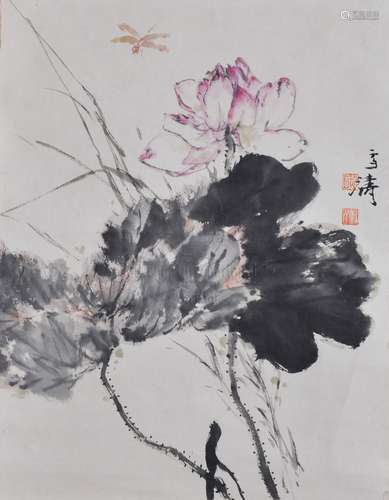 WANG XUETAO: INK AND COLOR ON PAPER PAINTING 'LOTUS'