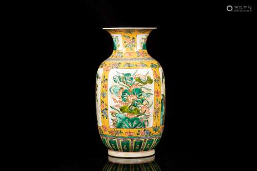 FAMILLE ROSE AND YELLOW GROUND OPEN MEDALLION 'FLOWERS AND BIRDS' VASE