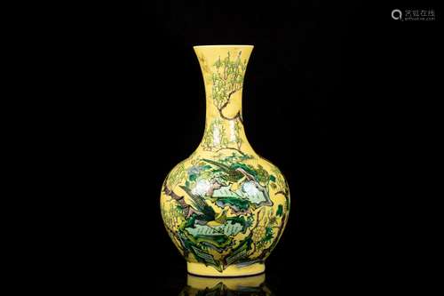 WUCAI AND YELLOW GROUND 'FLOWERS AND BIRDS' VASE