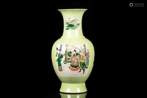 FAMILLE ROSE AND GREEN GROUND OPEN MEDALLION 'PEOPLE' VASE