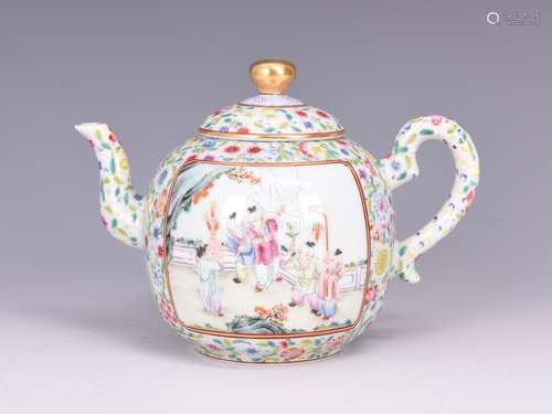 FAMILLE ROSE AND GILT 'CHILDREN' OPEN MEDALLION TEAPOT