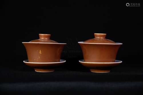 PAIR OF BROWN GLAZED CUP SETS