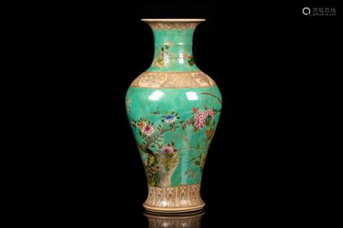 FAMILLE ROSE AND GREEN GROUND 'FLOWERS AND BIRDS' VASE