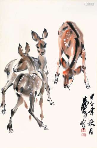 HUANG ZHOU: INK AND COLOR ON PAPER PAINTING 'DEER'