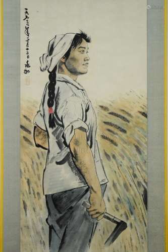 JIANG ZHAOHE: INK AND COLOR ON PAPER PAINTING 'FARMER GIRL'