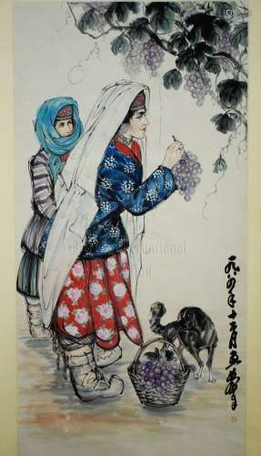 HUANG ZHOU: INK AND COLOR ON PAPER PAINTING 'ETHNIC GIRLS'