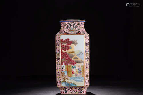 QIANLONG MARK FAMILLE ROSE SQUARE VASE