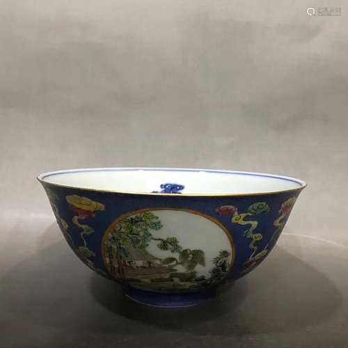 QIANLONG MARK BLUE WHITE FAMILLE ROSE BOWL