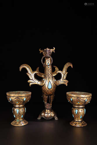 BRONZE LAMP WITH GOLD AND SILVER INLAID