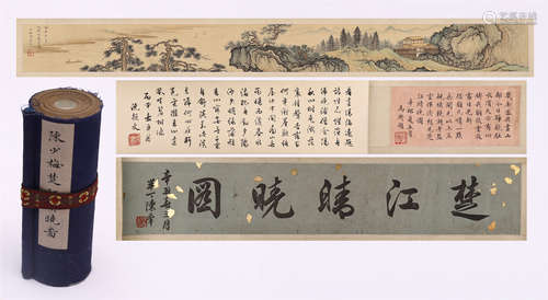 CHINESE HAND SCROLL PAINTING OF MOUNTAIN VIEWS WITH CALLIGRAPHY