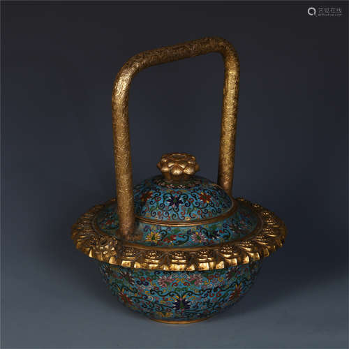 CHINESE CLOISONNE LONG HANDLE FLOWER LIDDED CENSER