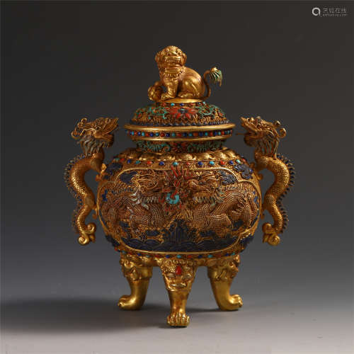 CHINESE GEM STONE INLAID PURE GOLD TRIPLE FEED DRAGON HANDLE LIDDED CENSER