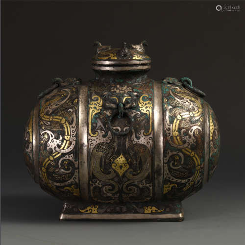 CHINESE GOLD SILVER INLAID BRONZE LIDDED WATER POT