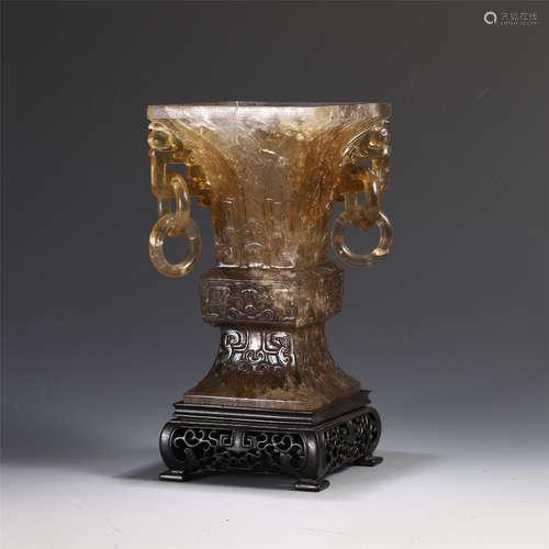 CHINESE BRONZE ROCK CRYSTAL LOOPED HANDLE SQUARE GU VASE