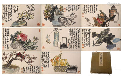 SEVEENTEEN PAGES OF CHINESE ALBUM PAINTING OF FLOWER IN VASE WITH CALLIGRAPHY