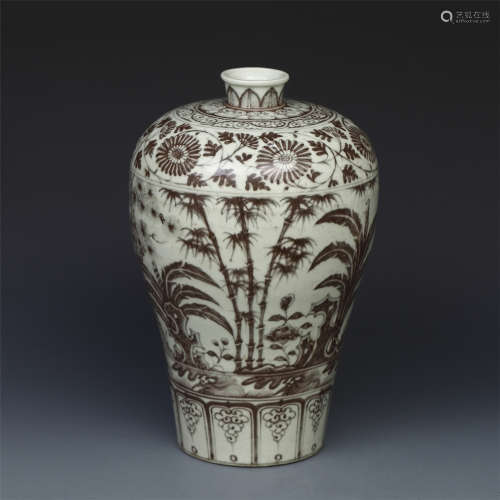 CHINESE PORCELAIN RED UNDER GLAZE BAMBOO MEIPING VASE