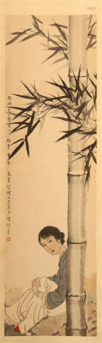 CHINESE SCROLL PAINTING OF BEAUTY UNDER BAMBOO