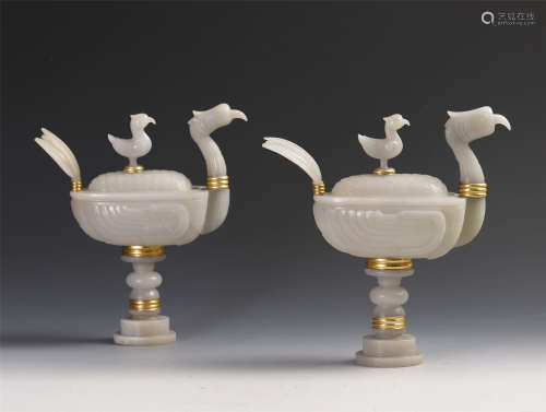 PAIR OF CHINESE GREY JADE BIRD INCENSE CAGES