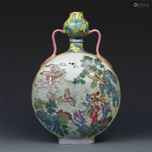 CHINESE PORCELAIN FAMILLE ROSE FIGURES AND STORY MOONFLASK