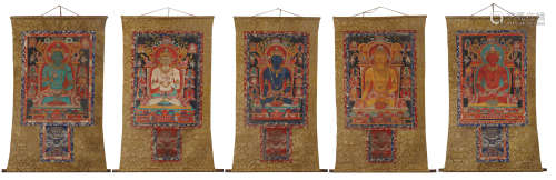 FIVE TIBETAN THANGKA OF SEATED BUDDHA