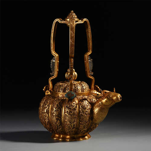 CHINESE GILT BRONZE LONG HANDLE BEAST TEA POT