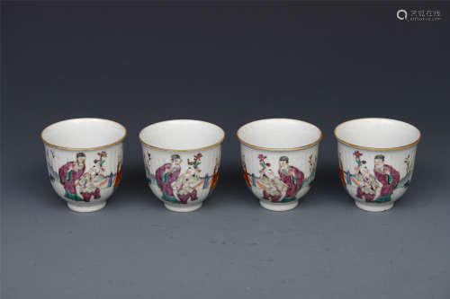 FOUR CHINESE PORCELAIN FAMILLE ROSE FIGURES CUPS