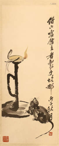 CHINESE SCROLL PAINTING OF  MOUSE AND CANDLE LIGHTER