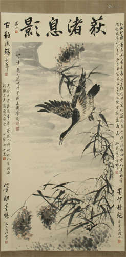 CHINESE SCROLL PAINTING OF GOOSE BY RIVER WITH CALLIGRAPHY