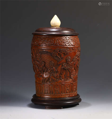 CHINESE BAMBOO FIGURES AND STORY BRUSH POT