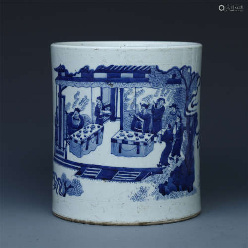 CHINESE PORCELAIN BLUE AND WHITE FIGURE AND STORY BRUSH POT