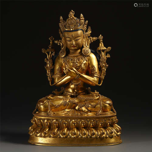 CHINESE GILT BRONZE SEATED BUDDHA ON LOTUS BASE