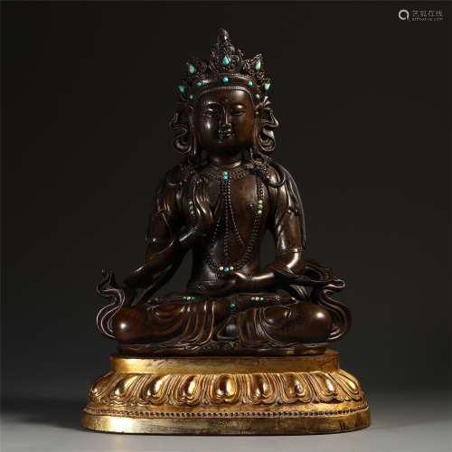 CHINESE GEM STONE INLAID HARDWOOD SEATED BUDDHA