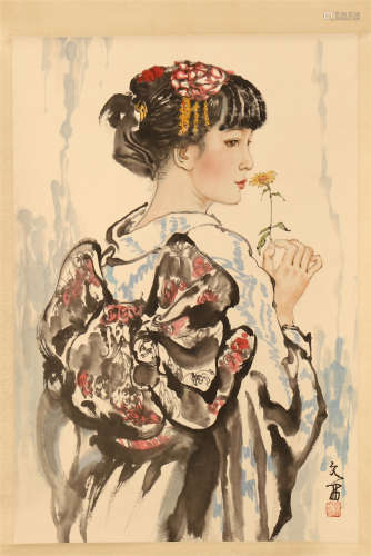 CHINESE SCROLL PAINTING OF GIRL WITH FLOWER
