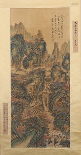 CHINESE SCROLL PAINTING OF MOUNTAIN VIEWS WITH CALLIGRAPHY