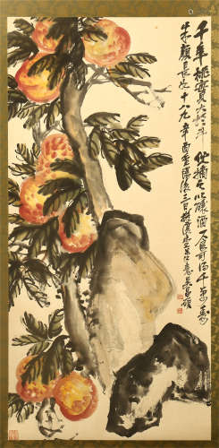 CHINESE SCROLL PAINTING OF PEACH AND ROCK