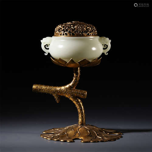 CHINESE WHITE JADE CENSER WITH GILT BRONZE LOTUS BASE AND LIDDER