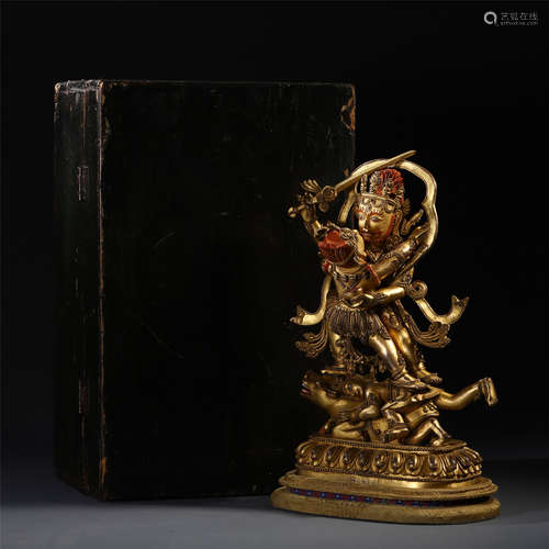 TIBETAN GILT BRONZE STANDING BUDDHIST GUARDIAN