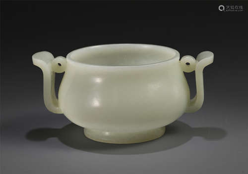 CHINESE WHITE JADE HANDLED ROUND CENSER