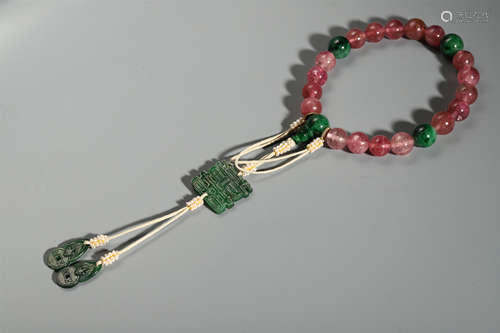 CHINESE PINK TURMALINE BEAD BUDDHIST BRACELET