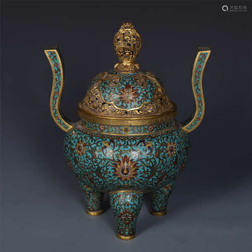 LARGE CHINESE CLOISONNE LONG HANDLE TRIPLE FEET LIDDED FLOWER CENSER